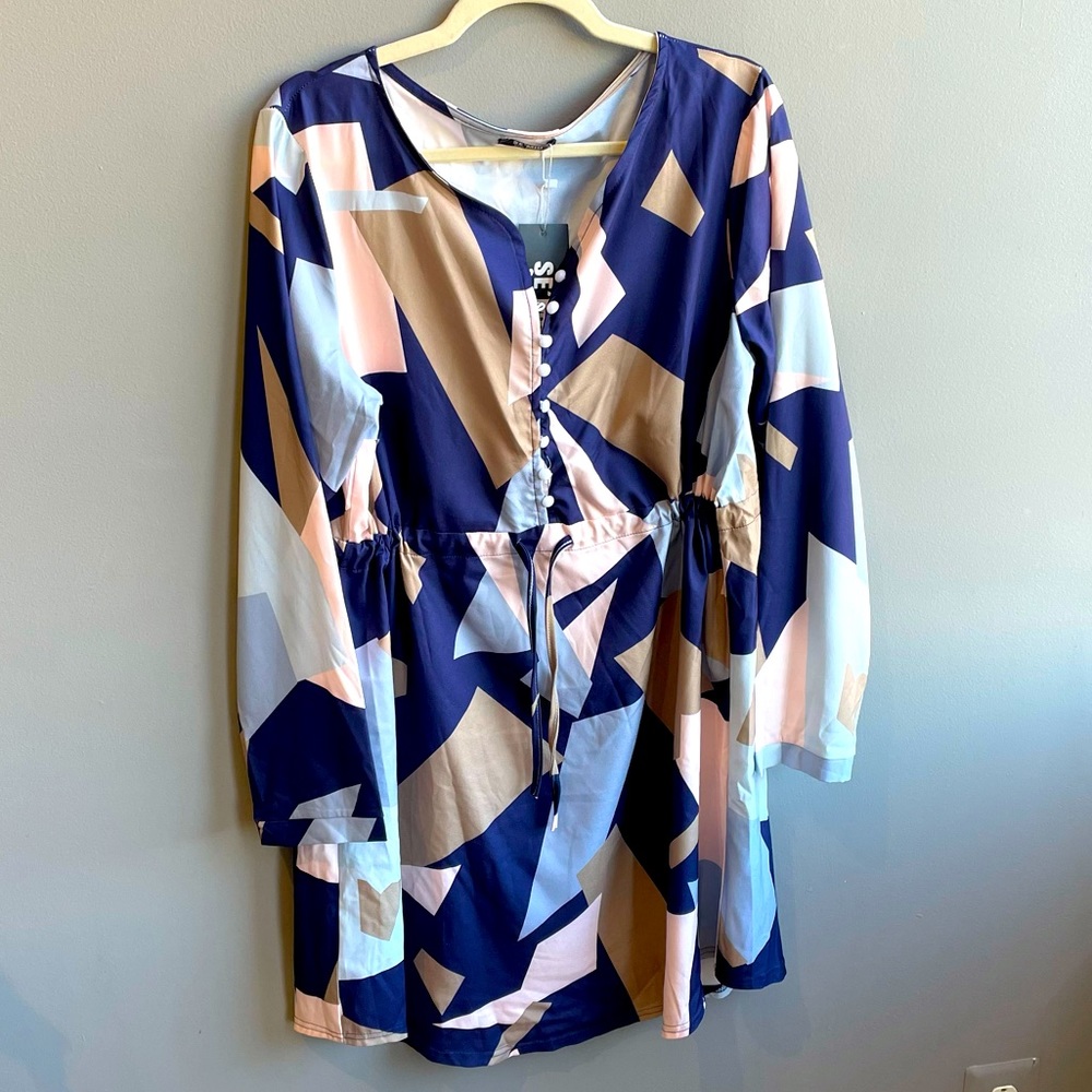 Se’Miu Draw String geometric tunic dress, Size XL Blue tan pink